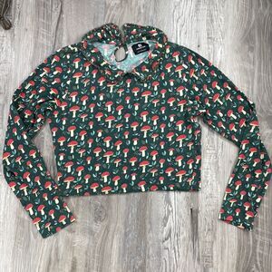 Standard Issue L Mushroom Long Sleeve Shirt Juniors Green Red Ruffle Collar Crop